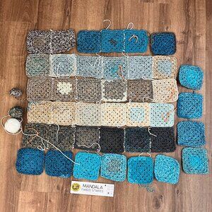 Blue Tan Crochet Quilt Fiber Yarn and Square Starter Lot